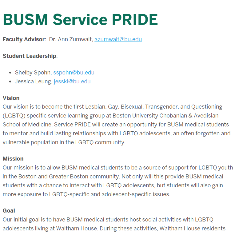 BUSM Service PRIDE - LGBTQ organization in Boston MA